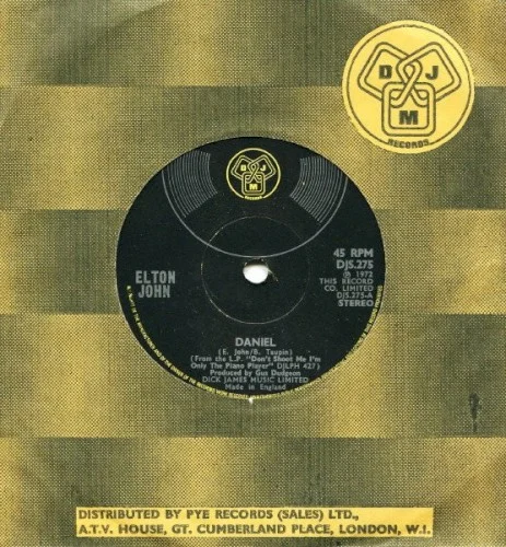 Daniel single cover by Elton John, released January 1973 on DJM Records