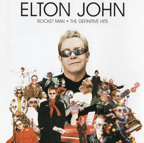 Rocket Man: The Definitive Hits compilation album cover by Elton John, released March 23, 2007 on Mercury Records, Rocket, Mercury Music Group