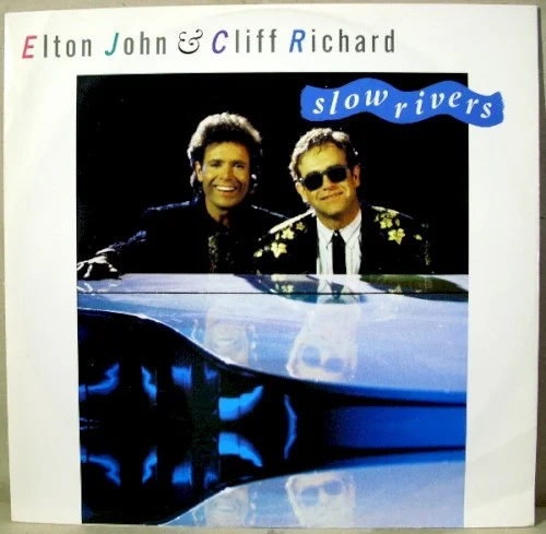 Slow Rivers single cover by Elton John, released 1986 on The Rocket Record Company