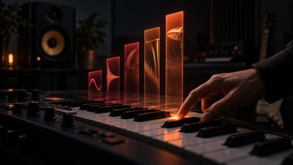 Hand pressing a MIDI keyboard key beneath glowing velocity bars that change in height and texture