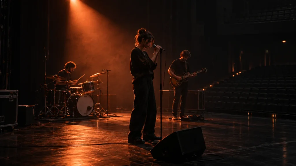 Singer, guitarist, and drummer rehearsing onstage in front of empty seats