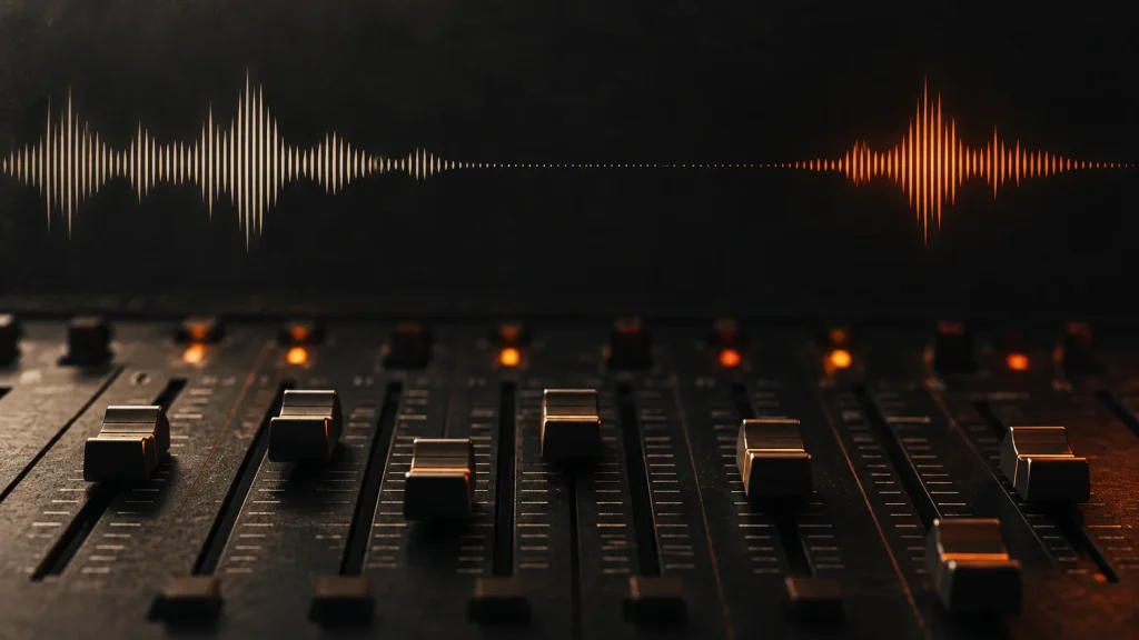 Mixing desk beneath a waveform that fades into silence before returning in orange.